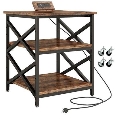 METYERRY Large Printer Stand with Power Outlet, with Height Adjustable Storage Shelf, 3 Tier Rolling Printer Cart with Industrial Wheels, 23.6 x 23.6 Inches Printer Table for Home Office, Rustic Brown