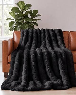 Black Throw Blanket - Fluffy Throw Bubble Blanket Queen Size - Extra Thick Rabbit Faux Fur for Couch, Sofa, Chair or Bed - All Season, Ultra-Soft, Plush, Fuzzy, Cozy for Men, Women & Teens - 90" x 90"