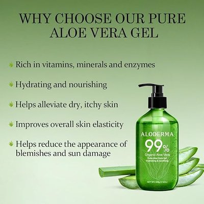 Aloderma Aloe Vera Gel - Large 17.6oz Value Pump - Made within 12 Hours of Harvest with 99% Organic Aloe Vera, Lightweight, Non-Sticky for Sunburns, Natural, Soothing Aloe Vera for Face & Hair