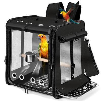 Bird Carrier with Seat Belt for Car Travel, Bird Backpack Carrier with Indestructible Stainless Steel Mesh, Large Bird Carrier Travel Cage, Black