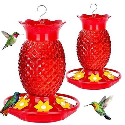 Fchstaer Glass Hummingbird Feeders for Outdoors Hanging 16oz 2 Pack Red Pineapple Bee & Ant Proof 360°Perch Leakproof Easy Clean with 6 Feeding Ports Gifts for Mom