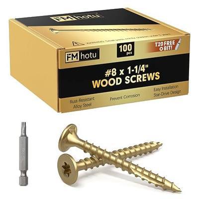 #8 x 1-1/4” Deck Screws, 100Pcs Star Drive Wood Screws | Rust Resistant Timber Screws for Timber/Log/Landscaping Wood, T20 Star Bit Included, Gold