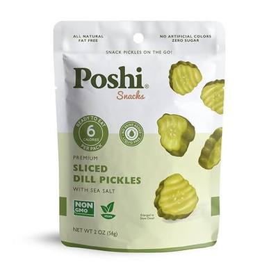 Poshi Sliced Dill Pickles with Sea Salt - Ready-to-Eat Premium Sliced Pickles, Ideal for Meal Toppers & Snacks, 6 Calories Per Pack, 10 Packs (2 oz Each)