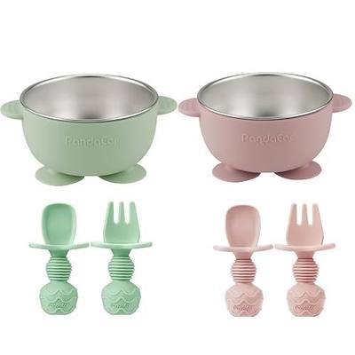 PandaEar 2 Pack Stainless Steel Baby Suction Bowls with Silicone Utensils | 18/8 Stainless Steel Bowls, Silicone Sleeve, Anti-Choke Spoon Fork, Baby Led Weaning, Non-Slip Suction Base, Toddler Feeding