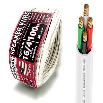 National Wire&Cables - 16/4 Audiophile Speaker Wire (100 Feet) 16AWG Gauge - Made in USA - in Wall Audio Speaker Wire Cable/CL Rated/ETL Listed / 2 Conductors - OFC Oxygen-Free Copper, White 100ft