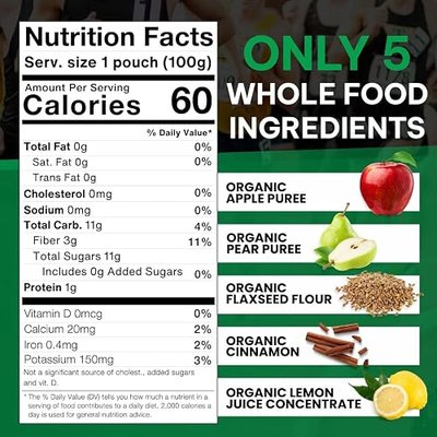 Clean Label Organic Fruit Smoothie Sports Pouches - Healthy Nutrition Drinks, Gluten Free, Caffeine Free, Vegan, Kosher, Convenient Snacks - Apple, Pear, Cinnamon & Flaxseed Smoothie - 8 Pack