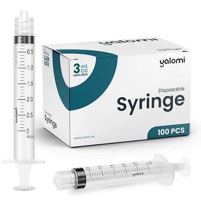 3mL Luer Lock Syringe (No Needle) | 100 Pack | Yalomi | Sterile & Individually Wrapped | Professional, Industrial & Personal Use