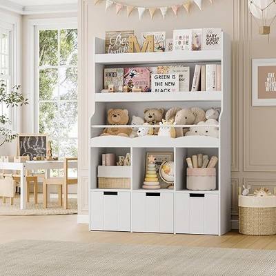 HITHOS Toy Storage Organizer w/Bookshelf & Stuffed Animal Organizer, White | Large Toy Organizer with 3 Movable Storage Bins, 39.2"W Kids Book Shelf and Bookcase with Toy Boxes for Kids Room, Playroom