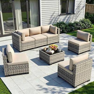 Outdoor PE Wicker Rattan Modular Patio Sectional Sofa Set | 7-Piece: 6 Modular Seats & Coffee Table with Thick Cushions, Khaki
