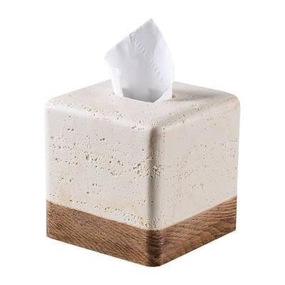 Natural Travertine Match Wooden Square Tissue Box Cover Decorative,Resin Heavy Sturdy Tissue Box Holder, Facial Paper Holder for Bathroom Vanity Countertop, Bedroom Night Stand,Office and End Table