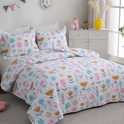 Girls Pink Floral Quilt Set Twin Size Kids Bedding Sets Lightweight Summer Bedspread Soft Microfiber Breathable Bed Comforter All-Season