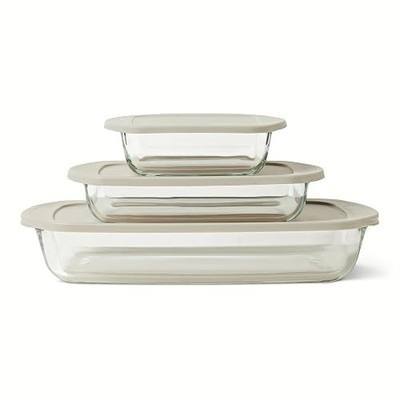 Amazon Basics Glass Baking Dishes with BPA-Free Lids, 6-Piece Bakeware Set, Borosilicate Glass, Oven-Safe up to 752°F, Non-Slip and Stackable, Dishwasher-Safe, Linen Gray