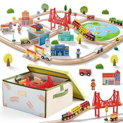 Tiny Land 110pcs Wooden Train Set with Folding Storage Box | Wooden Train Track Toy for Boys & Girls, Age 3-7, Includes Convenient Storage