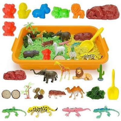 Carolart Jungle Sensory Bin, Animal Sandbox & Sensory Sand Kit | Safari animal habitat play set with wild animal toys, gift for boys and girls ages 3-8, sensory play activity