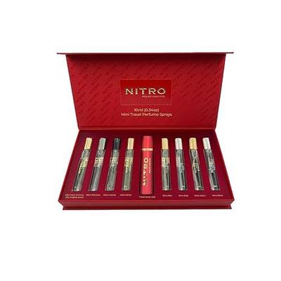 Dumont Nitro Pour Homme Perfume Discovery Set for Men Mini Travel Sprays 8 x 0.34 Fl Oz | Includes Nitro Red, Platinum, White, Black, Pour Homme, Green, Intense & Blue. 8 x 0.34 oz EDP mini pen sprays.