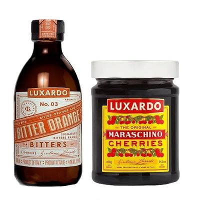 Luxardo Maraschino Cherry 400g & Bitter Orange Aromatic Bitters 200mL Variety Pack | Premium Cocktail Bitters Set for Classics & Craft Drinks