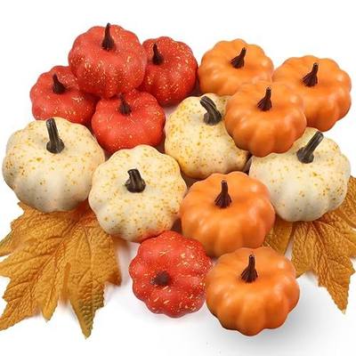 LZNPA 16PCS Artificial Mini Fake Pumpkins Set with Fall Leaves,Foam Plastic Carvable DIY Small White Craft Pumpkins Decor for Thanksgiving Halloween Home Fall Porch Table Decor