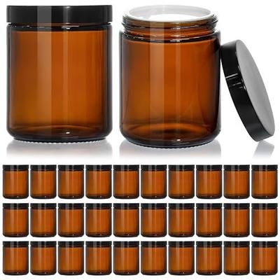 KEYWING 8oz Amber Glass Jars with Black Lids, 30 Pack Cosmetic Containers | Empty Glass jars with Inner Liners, Ideal for Storing Creams, Lotions, Ointments, Tallow, Powders & Homemade Skincare Blends