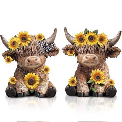 Wesiti 2 Pcs Summer Sunflower Highland Cow Figurines Gifts, Cute Highland Cow Statue Farmhouse Desk Decorations Resin Gnomes Scottish for Spring Home Garden Kitchen Office Decor