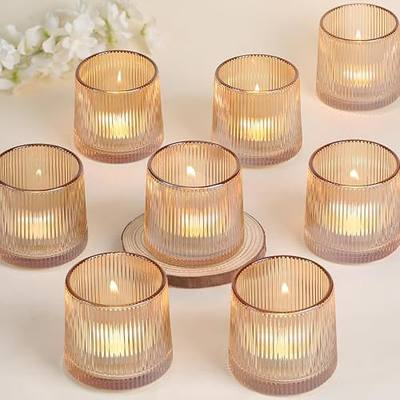 DARJEN Gold Ribbed Tealight Votive Candle Holders Set of 10 | Tea Light Candle Holders Glass for Table Centerpiece, Votive Candle Holders for Home, Wedding & Fall Decor