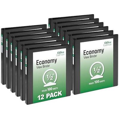 Office Essentials Economy View 3 Ring Binders, 0.5" Round Rings, 0.7" Spine, 100-Sheet Capacity, Black Binders (12-Pack of 03423)