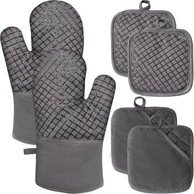 4 Pcs Oven Mitts and Pot Holders,High Heat 500°F Resistant Glove Potholder with Thick Cotton,Silicone Non-Slip Surface Long Kitchen Oven Glove for Cooking Baking Grilling(Grey)