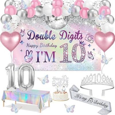10th Birthday Decorations for Girls,49pcs Silver Dazzle Double Digits Banner, Iridescence Tablecloth, Sash, Tiara, Butterfly Decor, Happy 10th Birthday Cake Topper, Candles, Balloons Arch