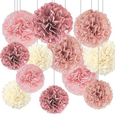 Boho Party Decoration,12pcs Blush Pink, Dusty Rose, Mauve, Cream Tissue Paper Pom Poms,Hanging Paper Flowers for Wedding Bridal Shower Bachelorette Party Decoration