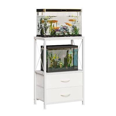 Fish Tank Stand 10 Gallon with 2-Tier Shelf, Aquarium Stand with 2 Drawers, Metal Frame Heavy Duty Reptile/Turtle Tank Stand for Home Office, Fish Tanks Accessories Storage, White