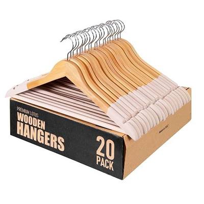 Wooden Hangers, 20 Pack, Beige, Non-Slip Velvet for Pants, Coats | Wood hanger, Anti-slip velvet, 360° swivel hook, heavy-duty for suits, coats, dresses and Jackets, and durable for closet