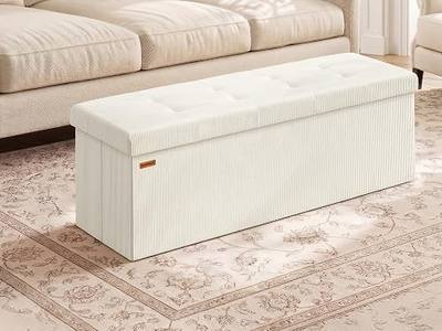 SONGMICS MAZIE Collection - Storage Ottoman Bench, Foldable Foot Rest, 15 x 43 x 15 Inches, End of Bed Bench, Storage Chest, Load 660 lb, Living Room, Bedroom, Entryway, Cream White ULSF604W01