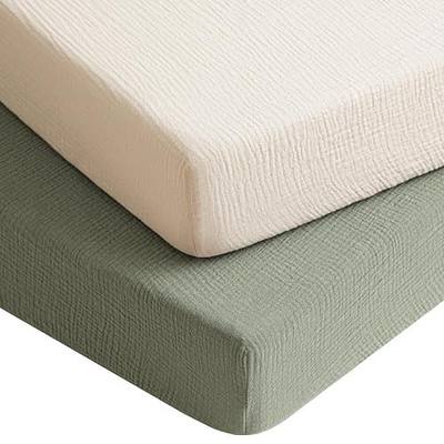 Konssy 2 Pack Muslin Crib Sheets for Baby Boys & Girls, 52" x 28" | Fits Standard Crib Mattress, Premium 100% Cotton, Soft & Breathable, Neutral Design, 360° Full Elastic Fit (Fog Green,Cream)