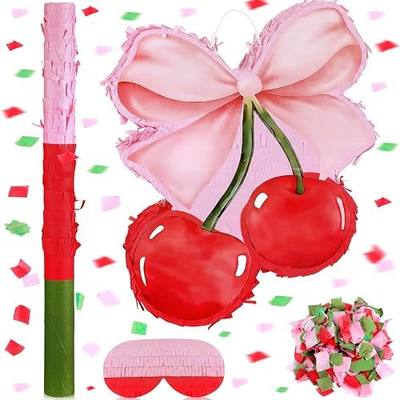 Feifeiya Coquette Pink Bow Cherry Piñata with a Blindfold, Bat and Confetti | Pink Party Piñata Bundle, Birthday Coquette Party Supplies