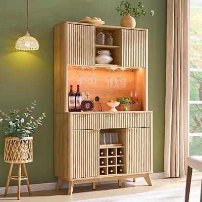 OKD 72" Tall Coffee Bar Cabinet, Fluted Wooden Wine Cabinet, Natural Oak | Power Outlets, Led Lights, 4 Stemware Racks, 9 Wine Racks, 3 Drawers, 4 Cabinets, 2 Open Shelf, Home Bar Storage
