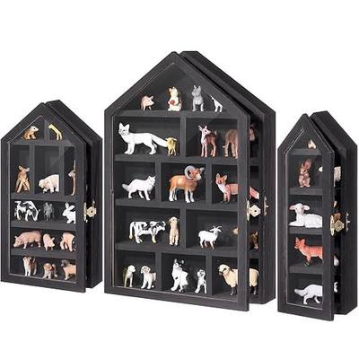 DoubleFill Set of 3 Wooden Shadow Box Frame with Shelves Large Trinket Shelf Display Cases Wall Mounted for Mini Figures Curio Cabinet Medals Wedding Bouquet Photos(Black,House Shape)