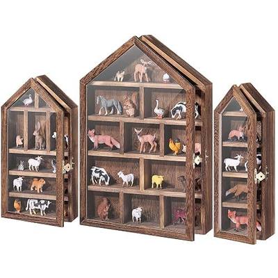 DoubleFill Set of 3 Wooden Shadow Box Frame with Shelves Large Trinket Shelf Display Cases Wall Mounted for Mini Figures Curio Cabinet Medals Wedding Bouquet Photos(Brown,House Shape)