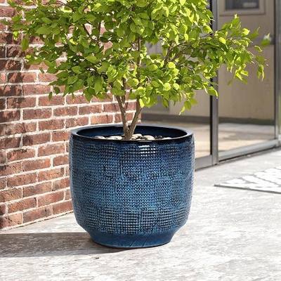 LuxenHome 15.75" Large Round Ceramic Pots for Plants, Glazed Blue Planter | Large Plant Pot, Flower Pots with Drainage Hole and Rubber Plug for Home Garden Patio, Indoor and Outdoor Use
