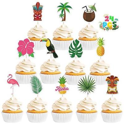 24 Pcs Hawaiian Cupcake Toppers, Disposable Pineapple Flower Palm Tree Flamingo Cake Picks, Aloha Cake Decorations for Summer Hawaiian Luau Theme Birthday, Wedding Party Supplies