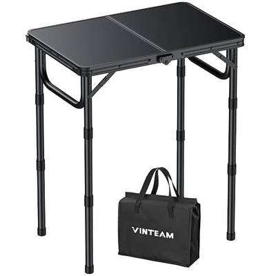 VINTEAM Camping Folding Table with Adjustable Height, Lightweight Portable Outdoor Picnic Table, BBQ Grill Side Table, Durable Aluminum Frame, MDF Desktop for Camping, Fishing, RV, Beach (Black) | Max Load 30kg MDF Surface Easy to Clean, Lightweight, Strong Aluminium Frame for BBQ, Picnic, Garden, O