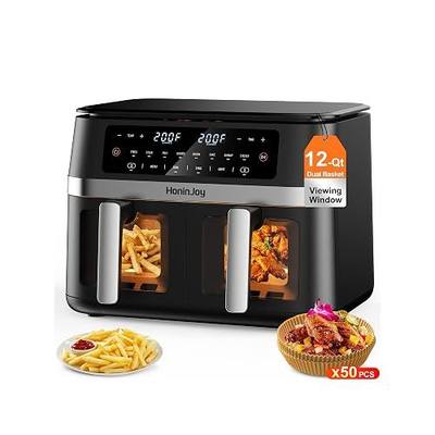 12QT Large Dual Basket Air Fryer with Viewing Window and 50pcs Paper Liners, 10-in-1 Digital Touchscreen Double Zone Air Fryers, SyncCook to Bake,Roast,Reheat,Broil, Nonstick Dishwasher Safe