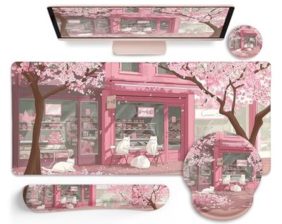 LIMKRIAN Anime Cat Mouse Pad with Wrist Rest, Pink Desk Mat Set for Women