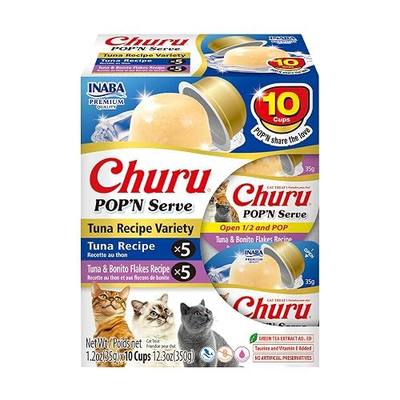 INABA Churu Pop'n Serve Lickable Cat Treats, Tuna Variety, 10ct | Immune support, 90% moisture, 16 calories, Soft jelly, Easy-serve cup, Grain-free, 10 x 1.2 oz cups