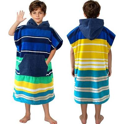 Surf Poncho Towel for Teens & Big Kids (8-14 Years,36"X26") | 100% Cotton Ultra-Absorbent Oversized Hooded Towel Robe with Pocket for Boys | Swim Cover-Up for Pool, Beach, Bath | Blue Striped Design