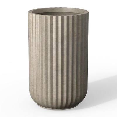 Kante Small Round Column Weathered Concrete Planter 17.7" Tall, Outdoor | Fluted, Rubber Plug for Indoor, Drainage for Garden, All-Weather Cement Flower Pot, Handcrafted, Anti-UV, Modern Home Decor