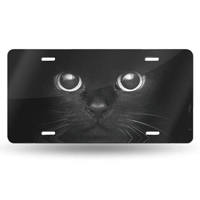 Black Cat Eyes Watching Front License Plate Aluminum Decorative License Plates Funny Metal Car Plate 6"X12" Novelty Vanity Tag Cover with 4 Holes Car Decor Accessory
