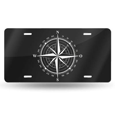 Black and White Compass Rose Front License Plate Aluminum Decorative License Plates Funny Metal Car Plate 6"X12" Novelty Vanity Tag Cover with 4 Holes Car Decor Accessory