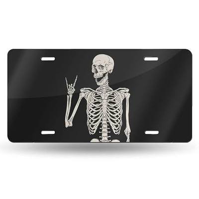 Skull Human Skeleton Posing Isolated Over Front License Plate Aluminum Decorative License Plates Funny Metal Car Plate 6"X12" Novelty Vanity Tag Cover with 4 Holes Car Decor Accessory