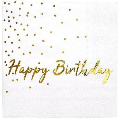 WRAPAHOLIC 25Pcs Dot Birthday Cocktail Napkins - 3-Ply White Gold Foil Happy Birthday Lettering and Dot Disposable Paper Napkins for Baby Shower Party Tableware Party Supplies - 5 x 5 In