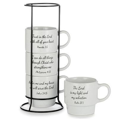 Signature Housewares Stackable Coffee Mug Tower Set with Metal Wire Rack - 15 Ounce Coffee Mugs for Coffee, Tea, Cocoa, Milk, Cappuccino, Hot Chocolate Set of 4 - Inspirational Bible Verses