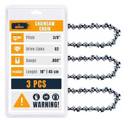 ALBO 18" Chainsaw Chain 3/8" LP Pitch .050" Gauge 62DL, 3 Pack – Low-Profile Full-Chisel Chrome Cutters, Reinforced Rivets, Compatible with Stihl, Poulan, Kobalt, Echo, Ego, Greenworks Saws